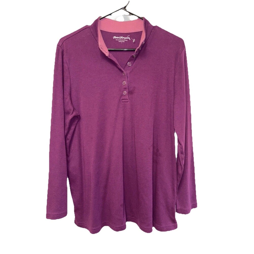 Norm Thompson long sleeve shirt top Popover Buttons Purple Stretch L Slits